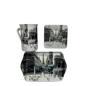 Kent Pottery Paris Eiffel Tower Mug Coffee Cup Coaster and Tray 3 Pieces